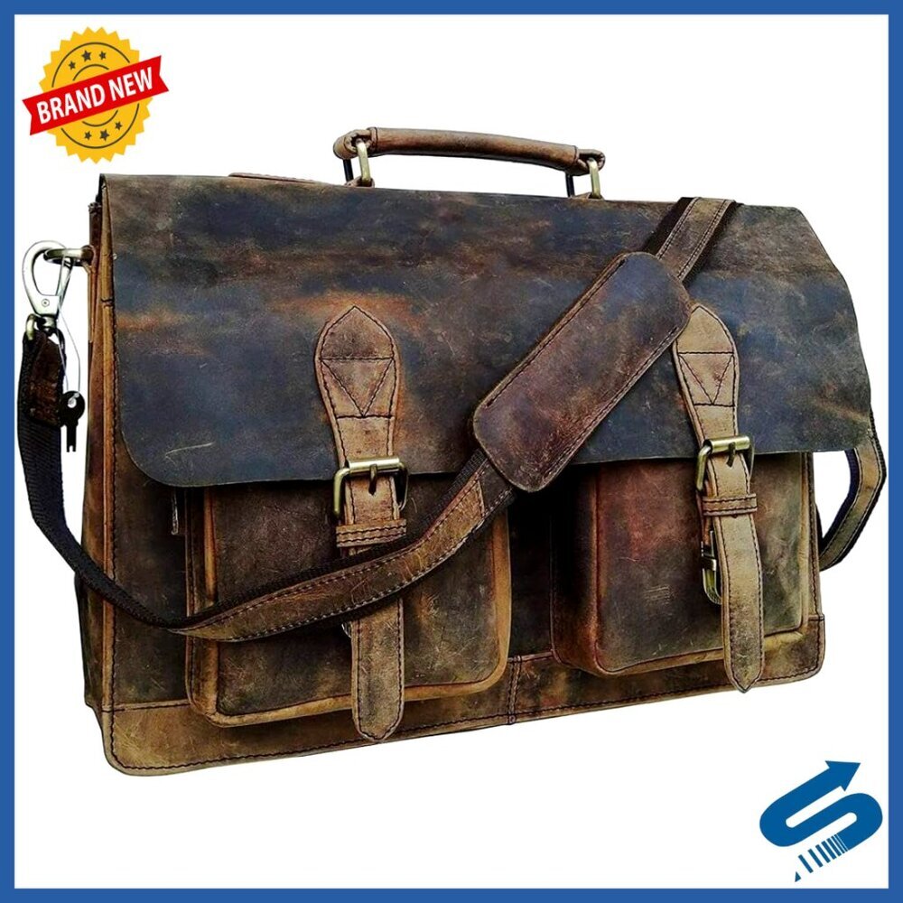 15" Leather Messenger Bag with Laptop Sleeve, Crossbody Strap, 5 Pockets